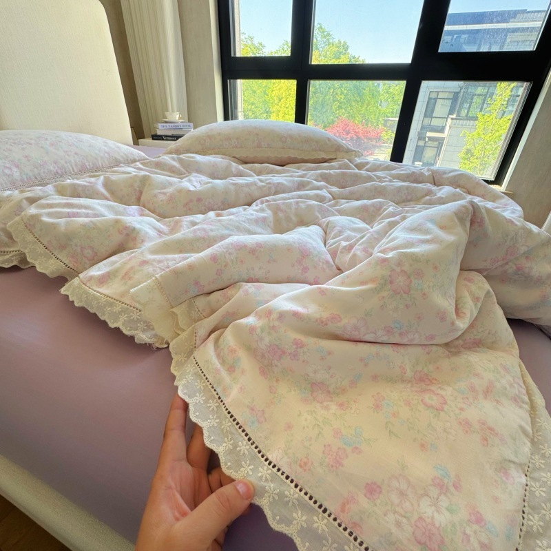 法式小碎花全棉双层纱四件套韩式纯棉花边被套床笠1.8m床品三件套|undefined