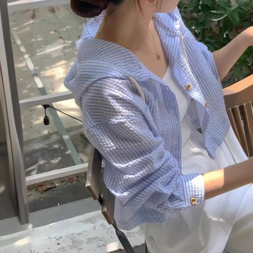 French Design Style 2024 Summer Versatile Single Button Striped Short Sleeve Loose Long Sleeve Sun Protection Hooded Shirt for Women