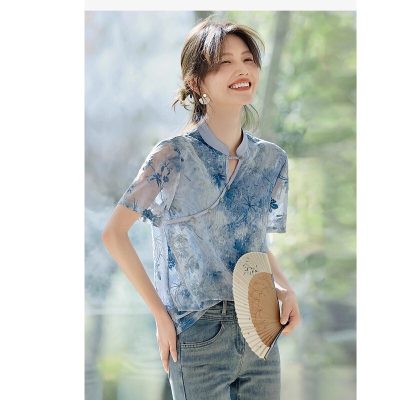 2025 New Chinese Style Smudged Mesh Stand-Up Gentle, Dignified and Elegant Short-Sleeved T-Shirt for Women in Summer, This Year's Popular Shirt 2025 New Chinese Style Smudged Mesh Stand-Up Gentle, Dignified and Elegant Short-Sleeved T-Shirt for Women in Summer, This Year's Popular Shirt