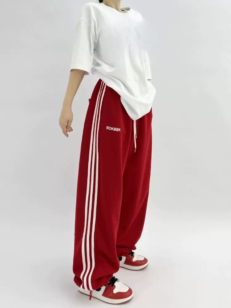 跨境街舞潮牌三条杠运动裤女爵士舞嘻哈阔腿裤宽松休闲新款外穿