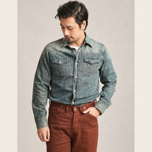 双R上班阿美咔叽复古牛仔衬衫男水洗钮扣纯棉复古美式修身型做旧