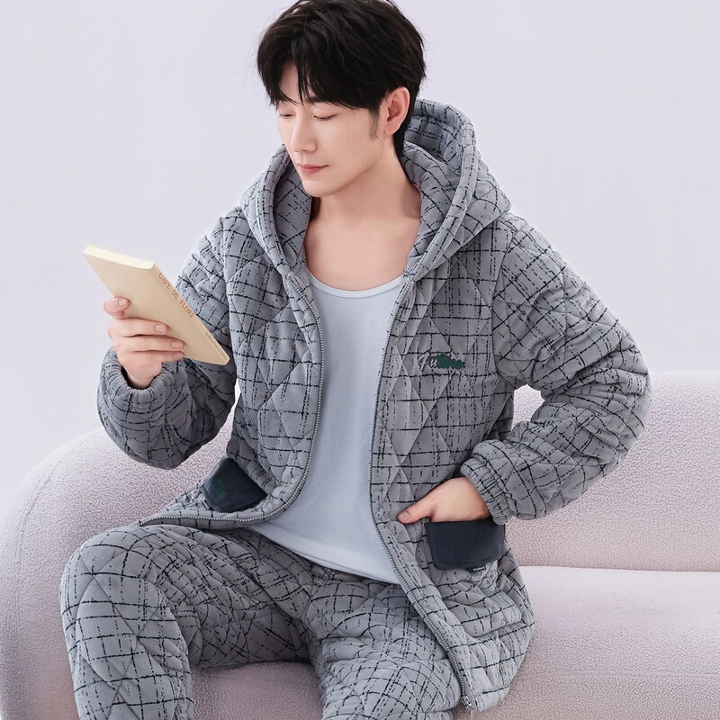 Men's winter pajamas, three-layer thickened and fleece-lined, autumn/winter style, quilted coral fleece, warm loungewear set Men's winter pajamas, three-layer thickened and fleece-lined, autumn/winter style, quilted coral fleece, warm loungewear set