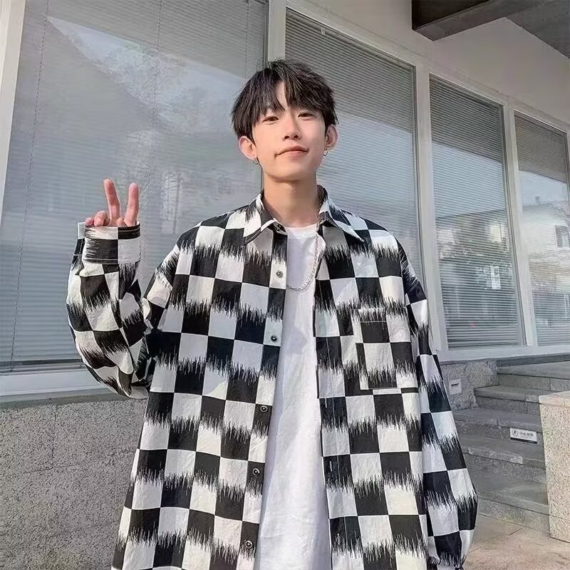 Checkerboard Shirt Men's Trendy Spring American Dark Style Trendy Black and White Plaid Shirt Trendy Hip-Hop Casual Jacket