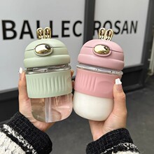 玻璃杯高颜值女可爱卡通萌兔杯ins风吸管杯随行杯牛奶杯有盖粉色