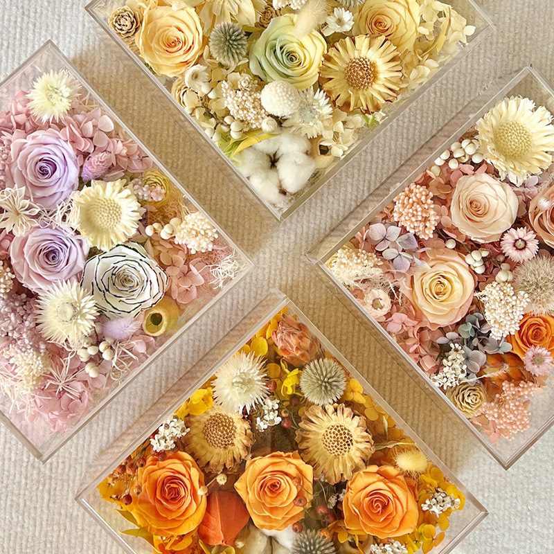 Flor eterna marco de fotos acrílico flor real caja de flores secas regalo decoración del hogar vacaciones flor caja de regalo