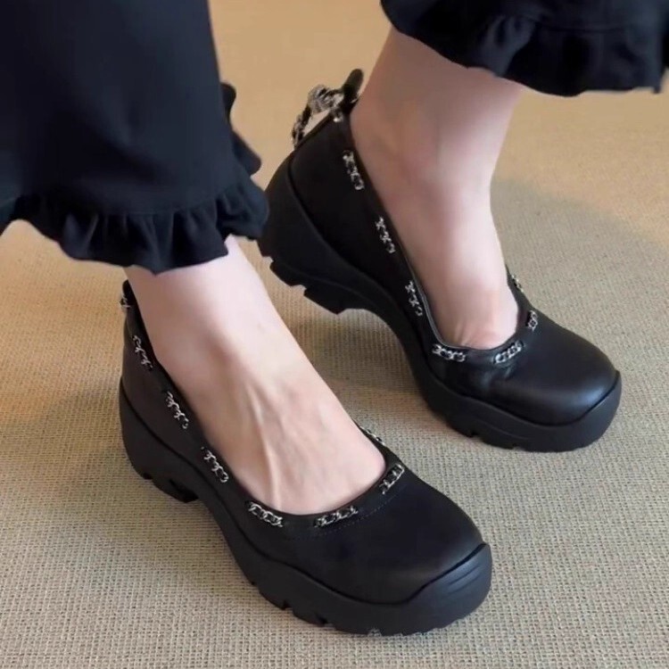 羊皮版~2025新款真皮厚底玛丽珍鞋女甜美链条设计一脚蹬浅口单鞋|undefined