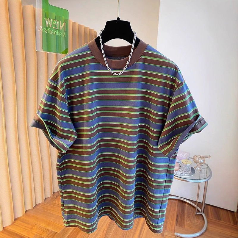 Cross-Border Back Collar Large Size 150kg Striped Women's Short-Sleeve Loose T-Shirt Summer Slimming Ins