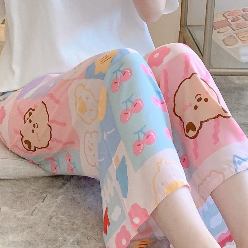 여름 면화 실크 파자마 바지 여성용 얇은 사이버 인기있는 자른 와이드 레그 바지 느슨한 플러스 사이즈 슬림 핏 코튼 실크 모기 방지 바지