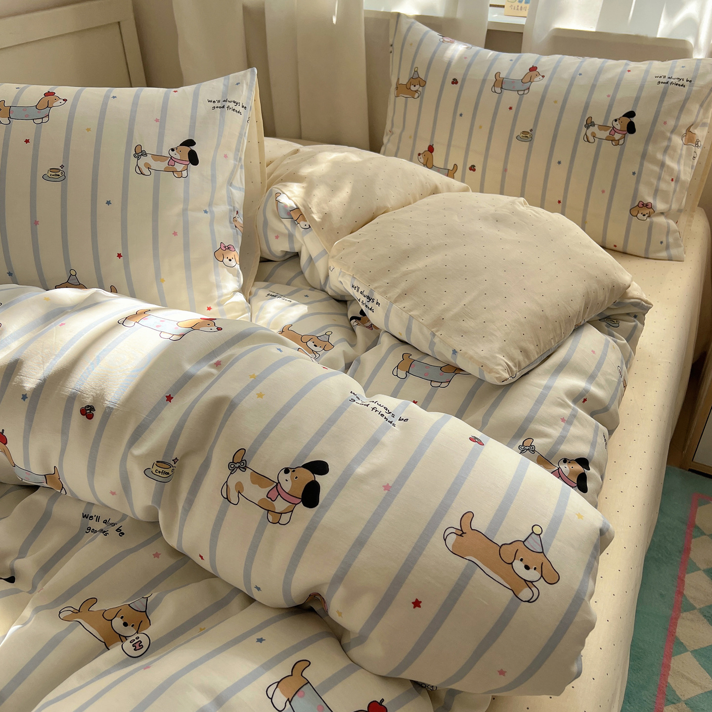 Wholesale Cartoon Cute Style Bedding Set, Pure Cotton Four-Piece Set, Pure Cotton Bed Sheetss and Quilt Cover, Student Dormitory Bed Three-Piece Set