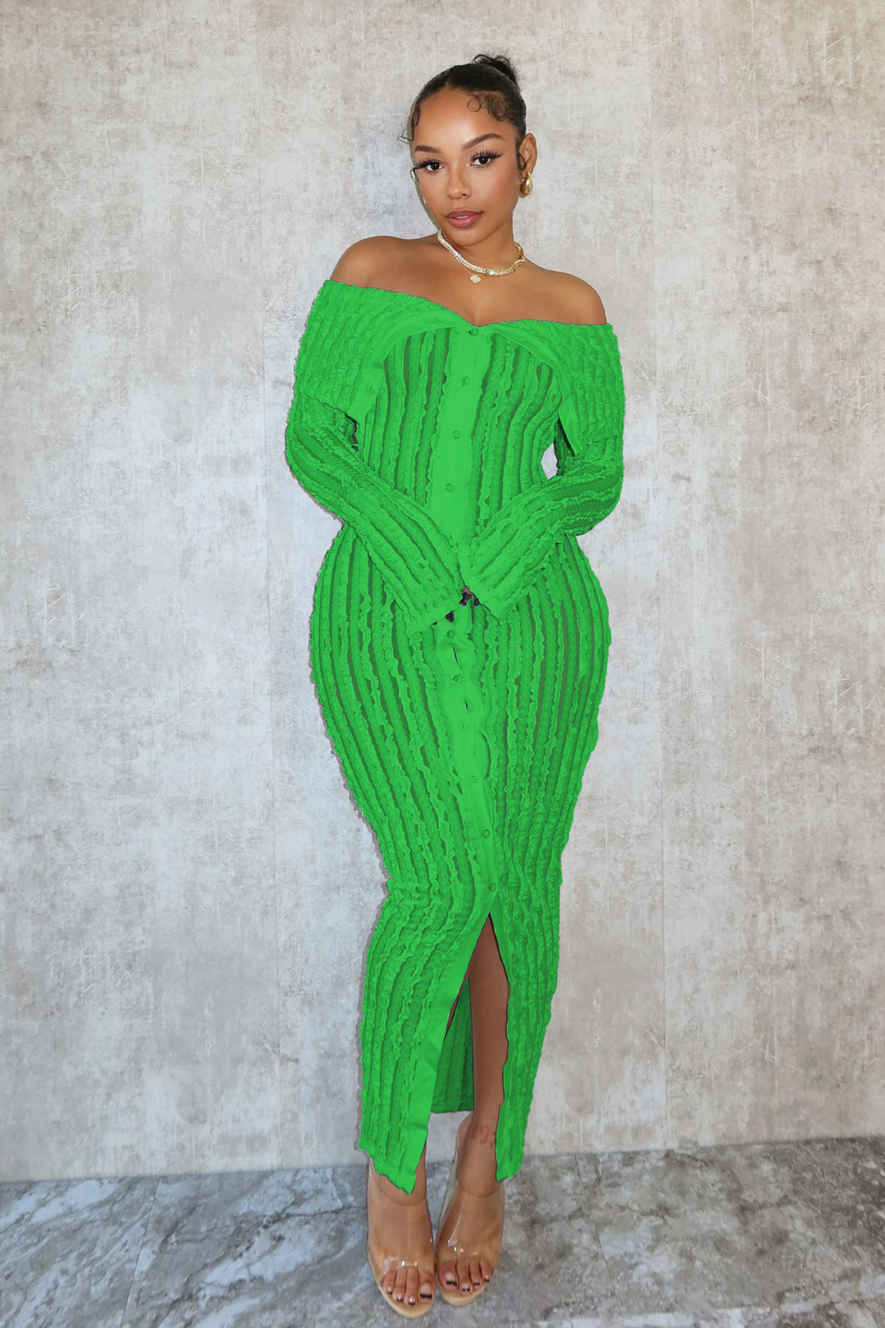 Elegant One Shoulder Women's Dress With Wave Pattern Long Sleeves_voghion.com