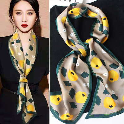 双层真丝长条领巾女士小飘带台板印花桑蚕丝百搭多功能长款领巾批