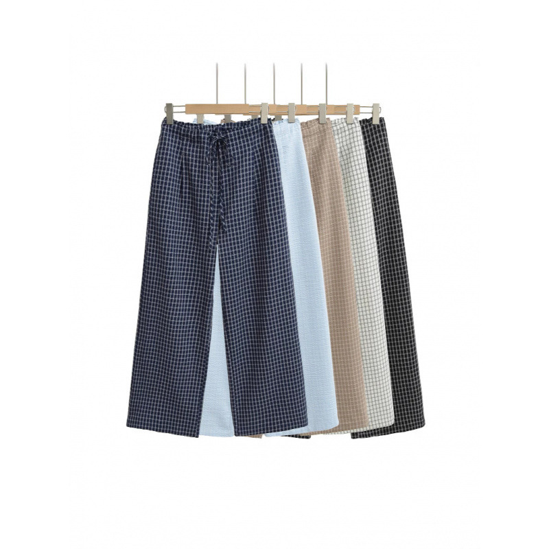 2025 Summer Low Waist Drawstring Lace-up Spice Girl Retro Contrast Color Plaid Wide Leg Casual Pants Women's Loose Straight Pants