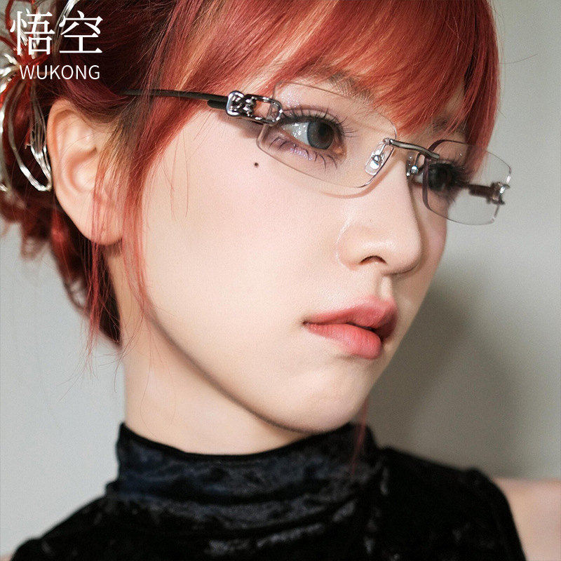 GM fashion frameless glasses for women, Y2K pure desire, natural look, artistic small frame, flat lens, trendy metal narrow frame for small faces