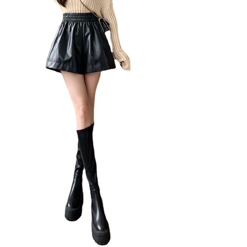 Women's High-Waisted Wide Leg Casual Shorts Autumn/Winter A-Line Wide Leg Pants Loose PU Outerwear Boot Pants Trendy