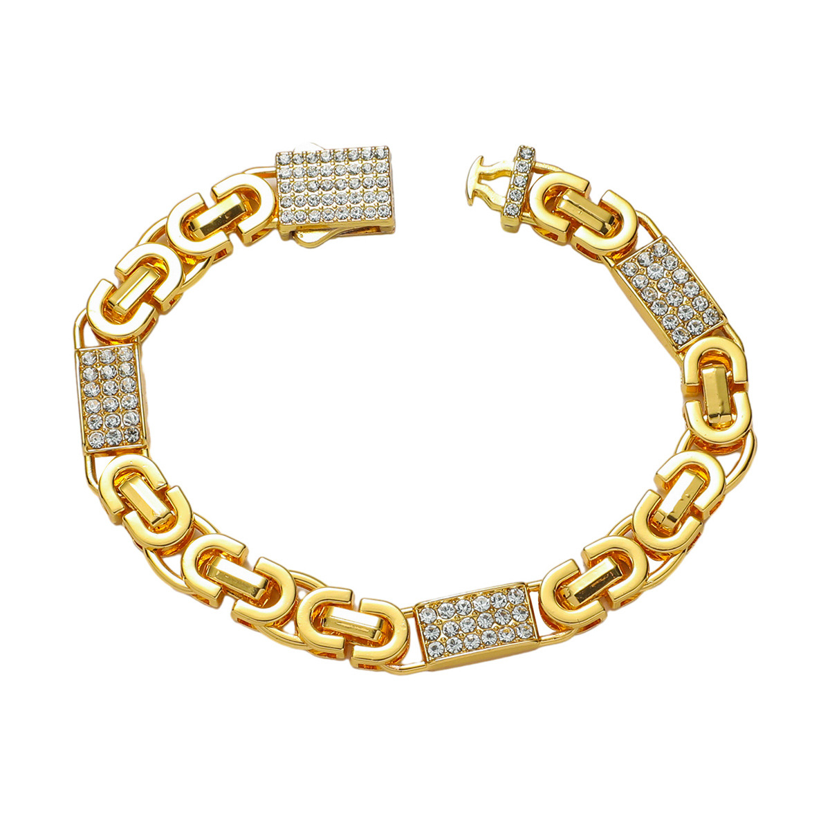 33g Weight Electroplated Gold Plating Process Hip-Hop Geometric Zinc Alloy Inlay Rhinestones Men's Bracelets Men Hip Hop Bracelets