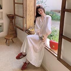 実拍フランス刺繍白ワンピース女性2025春夏新作気質綺麗清純初恋シワロングスカート