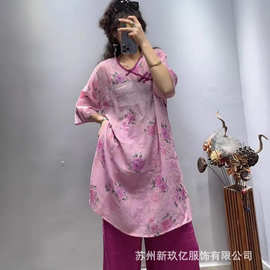 2025夏季款V领斜门襟盘扣苎麻中袖衬衫女文艺印花中长款宽松衬衣
