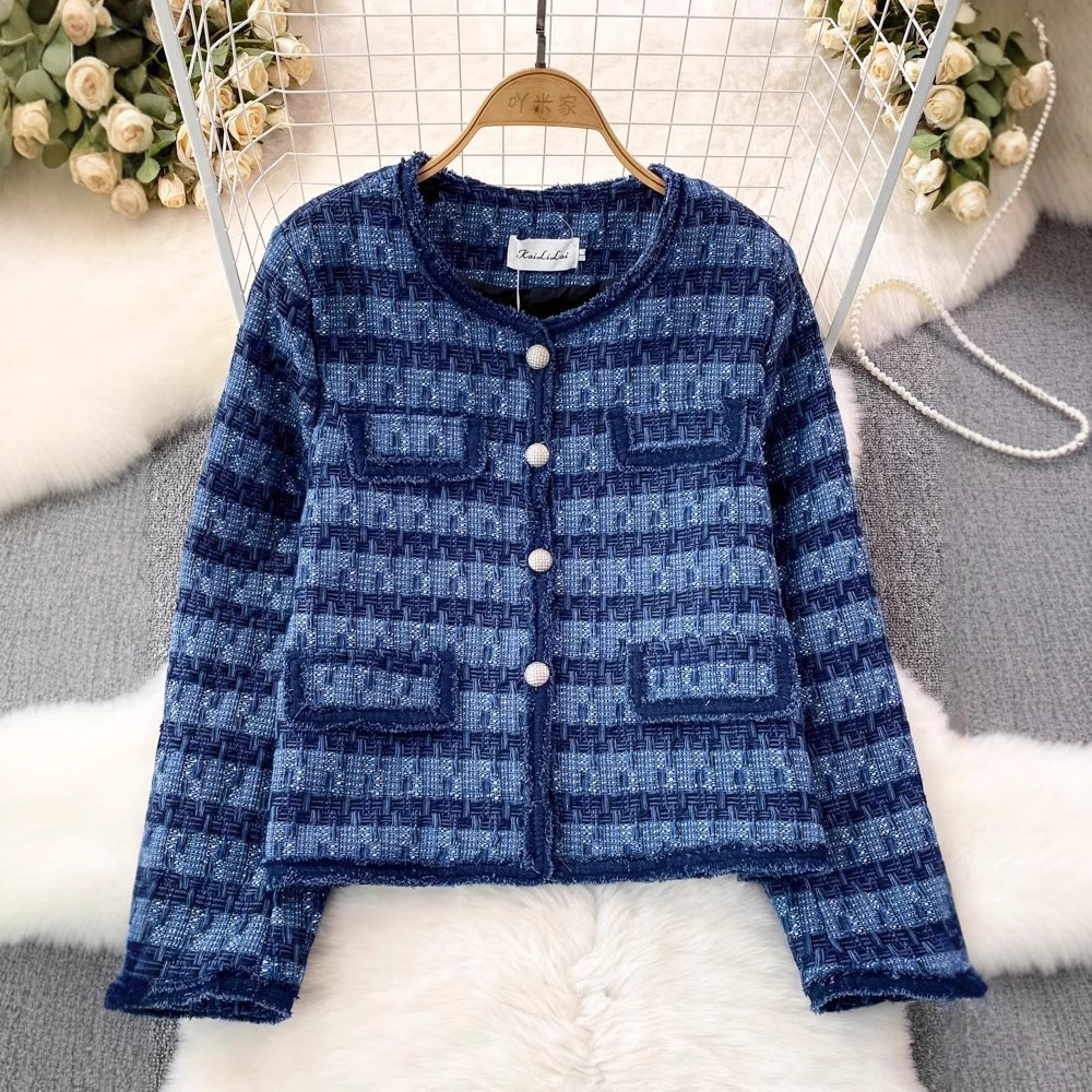 Cross-border Autumn and Winter Chanel Style Celebrity Elegant Contrast Crewneck Woven Tweed Single-breasted Coat Women's Casual Jacket