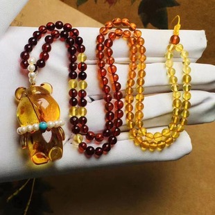 Natural Beeswax Flower Amber Violent Bear Pendant Necklace with Rainbow Chain Long Women's Jewelry Ketang Jewelry Wholesale
