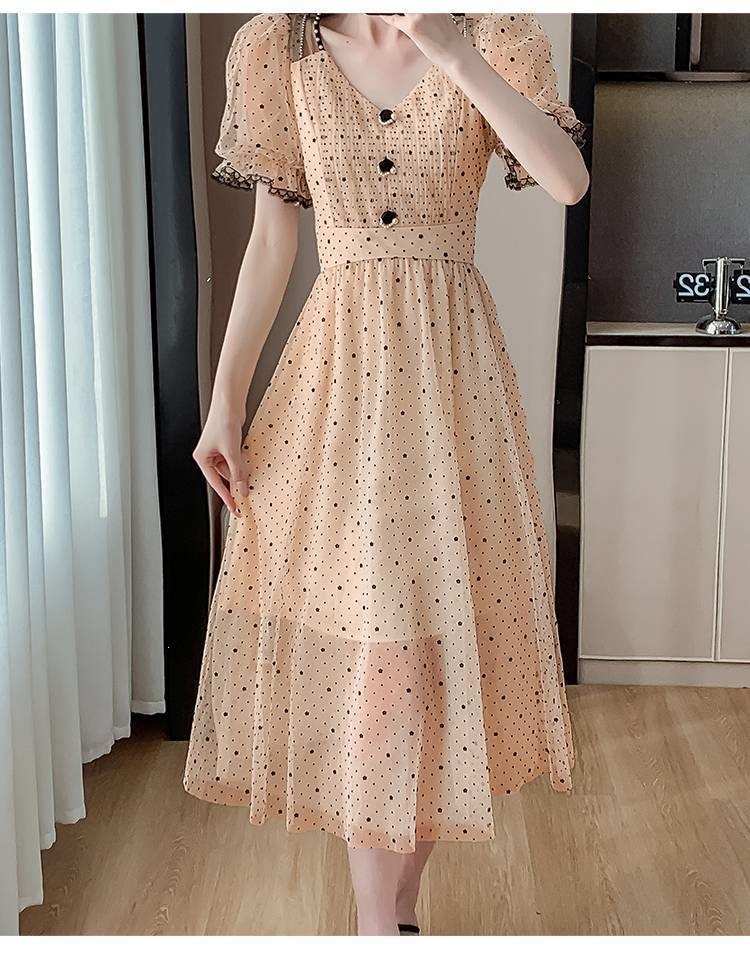 Váy maxi nữ thắt eo chất liệu lưới sóng chấm bi phong cách Pháp — 2808 màu đỏ, 2808 màu vàng, #2290#Quần áo chi tiết 9