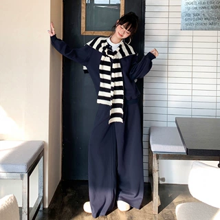2026新款潮流气质长袖套装女宽松条纹披肩可拆松紧腰支持一件代发