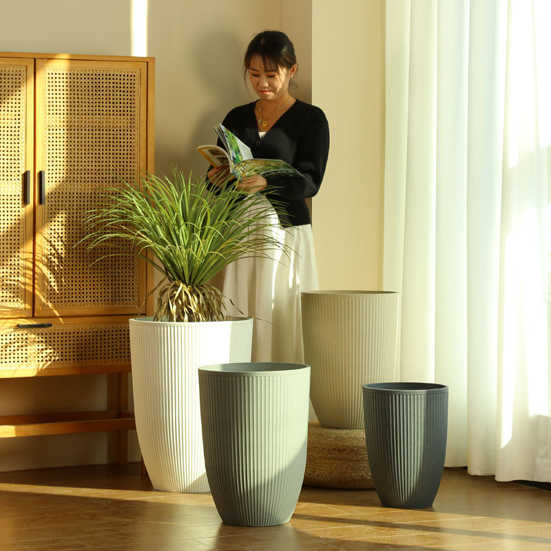 竖纹塑料圆形高筒花盆加厚树脂客厅卧室花盆柠檬树量天尺多肉花盆