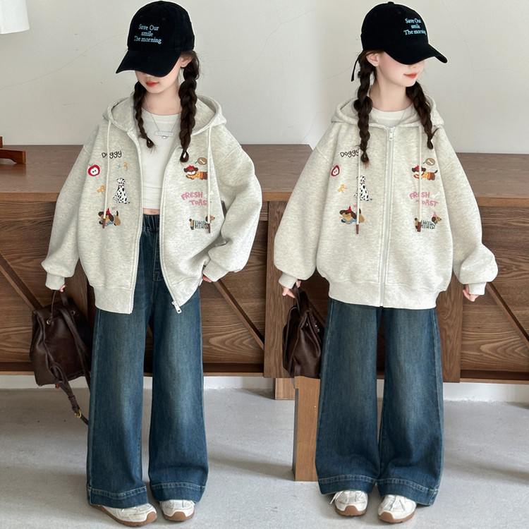 Spring and Autumn Casual Jacket for Older Girls, Children's Clothing, Embroidered Hoodie with Zipper, Stylish Top, Sweatshirt