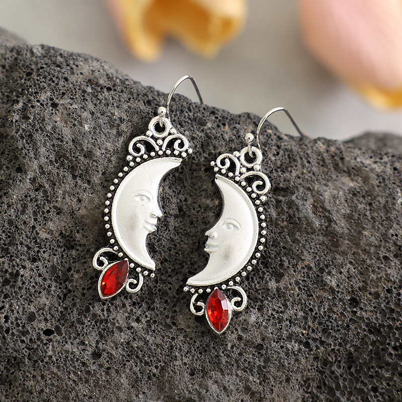 1 Pair Quantity Street Occasion Retro Human Face Moon Alloy Inlay Obsidian Women's Drop Earrings