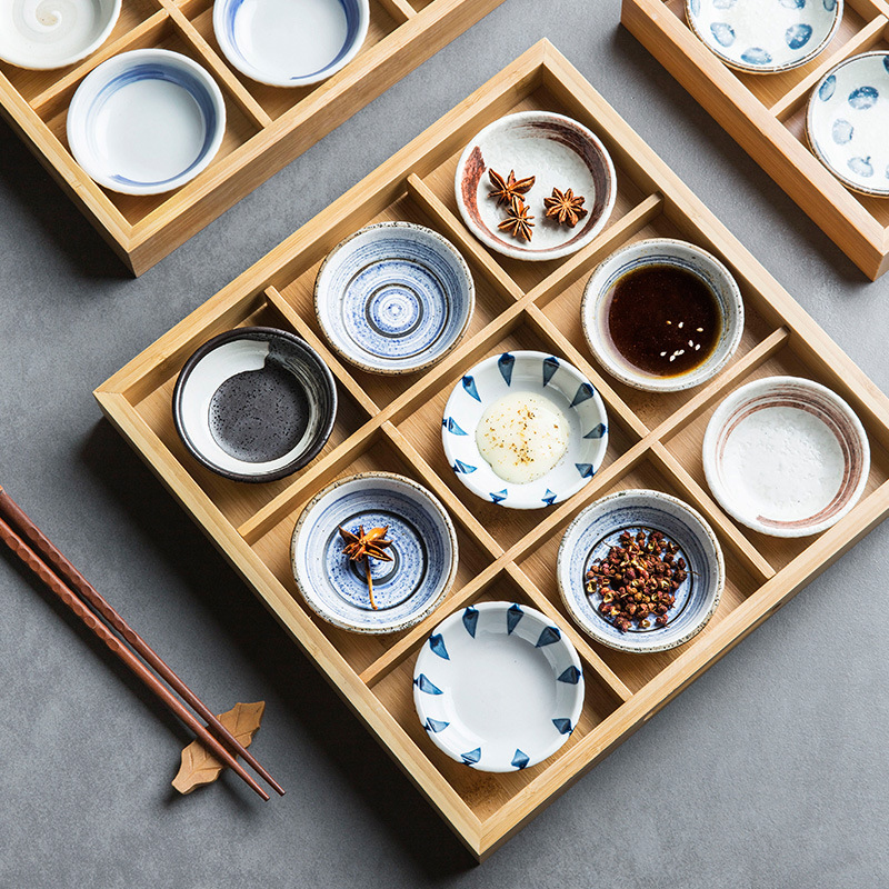 2F Taste Tray Set Ceramic Condiment Tray Small Dishes Household Cold Appetizer Plate Sweet Treat Plate Nine-Grid Wooden Tray