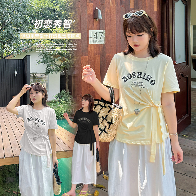 Inno Plus-Size Women's Korean-Style Regular Shoulder Round Neck Short-Sleeve T-Shirt for Women, Summer Irregular Tie-Up Top 262752