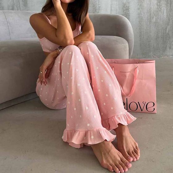 2024 Summer European and American-style New Printed Knitted Short Top with Ruffled Trousers Two-piece Set Women's Home Clothes
