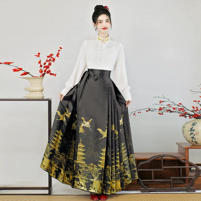 Новая сверхпрочная тканая Золотая Макси-юбка в китайском стиле, женская одежда в китайском стиле, рубашка Ming, костюм Hanfu