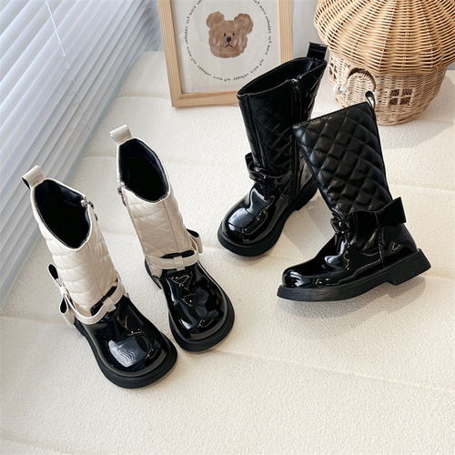 25 Autumn/Winter Princess Fashion Bow Flat Boots for Girls Children Martin Boots British Long Boots Colorful Children's Boots