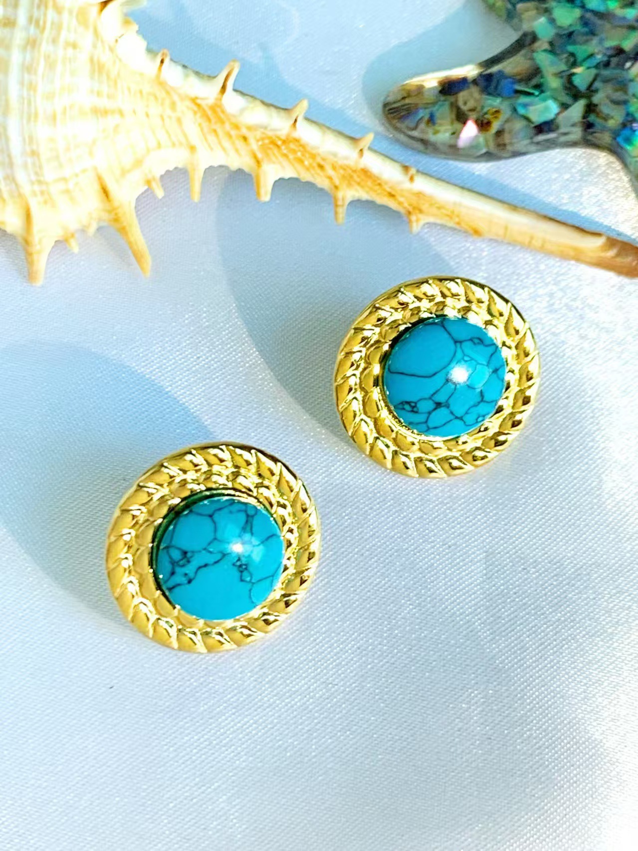 Inlay Design 1 Pair Retro Round Inlay 304 Stainless Steel Natural Stone Ear Studs