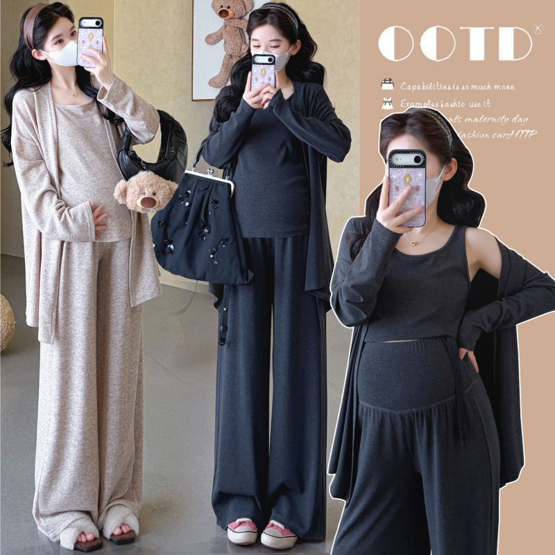 Maternity autumn outfit set, fashionable new style, camisole top, cardigan, wide-leg pants, chic, casual, loose, trendy mom three-piece set Maternity autumn outfit set, fashionable new style, camisole top, cardigan, wide-leg pants, chic, casual, loose, trendy mom three-piece set