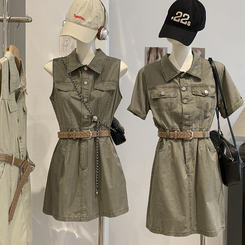 Kekezoon Retro Korean Style Denim Short-Sleeved Dress with Waist-Cinching Slimming Work Shirt and Short Skirt Real Shot 8229 Kekezoon Retro Korean Style Denim Short-Sleeved Dress with Waist-Cinching Slimming Work Shirt and Short Skirt Real Shot 8229