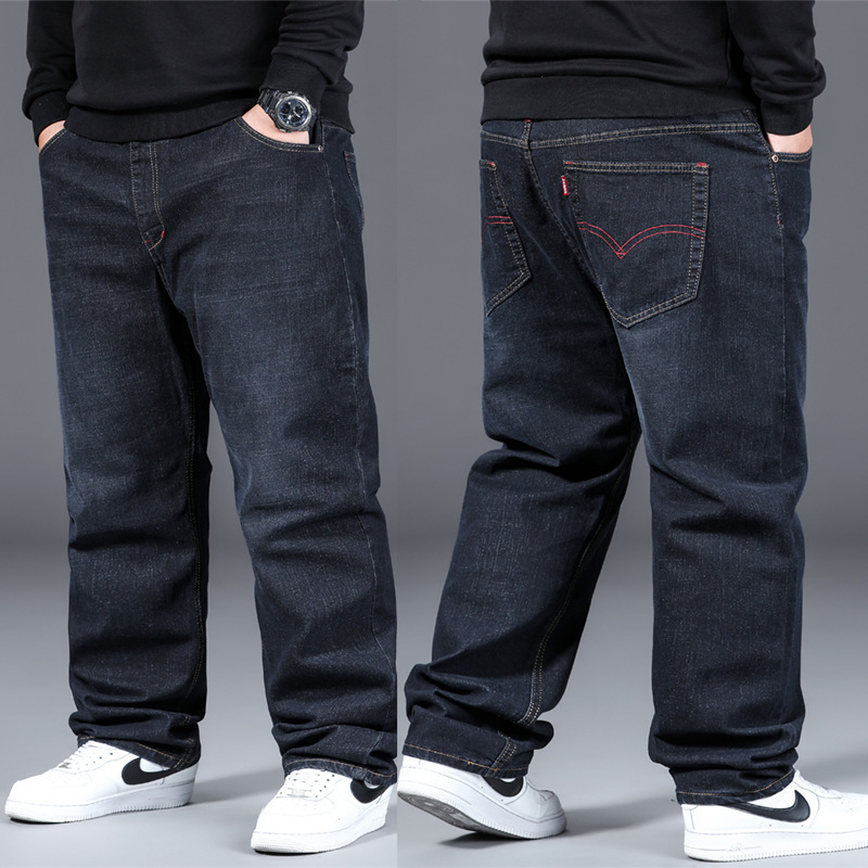 Summer Loose Jeans for Men, Straight Plus Size, Plus Size, Fat Men, Wide Legs, Elastic Waist, Pure Black Long Pants