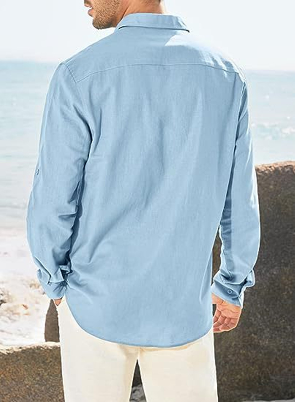 Herren Freizeithemd Langarm Baumwolle Leinen Mit Doppeltasche_voghion.com