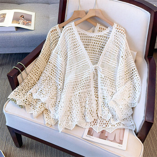 Hollow Knitted Knitwear for Women 2025 Spring and Summer New Large Size Fat mm Outer Blouse Bell Sleeve Top Sun Protection Clothing Shawl