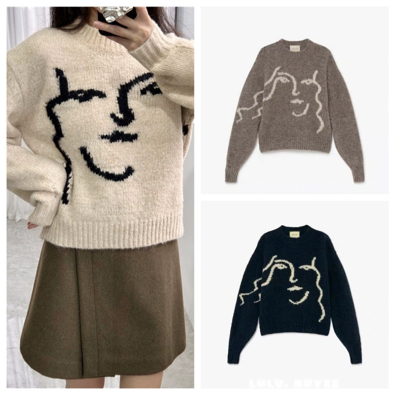 Paloma Wool Spanish Blend Knit Pullover Abstract Face Print Long Sleeve Versatile Wool Top