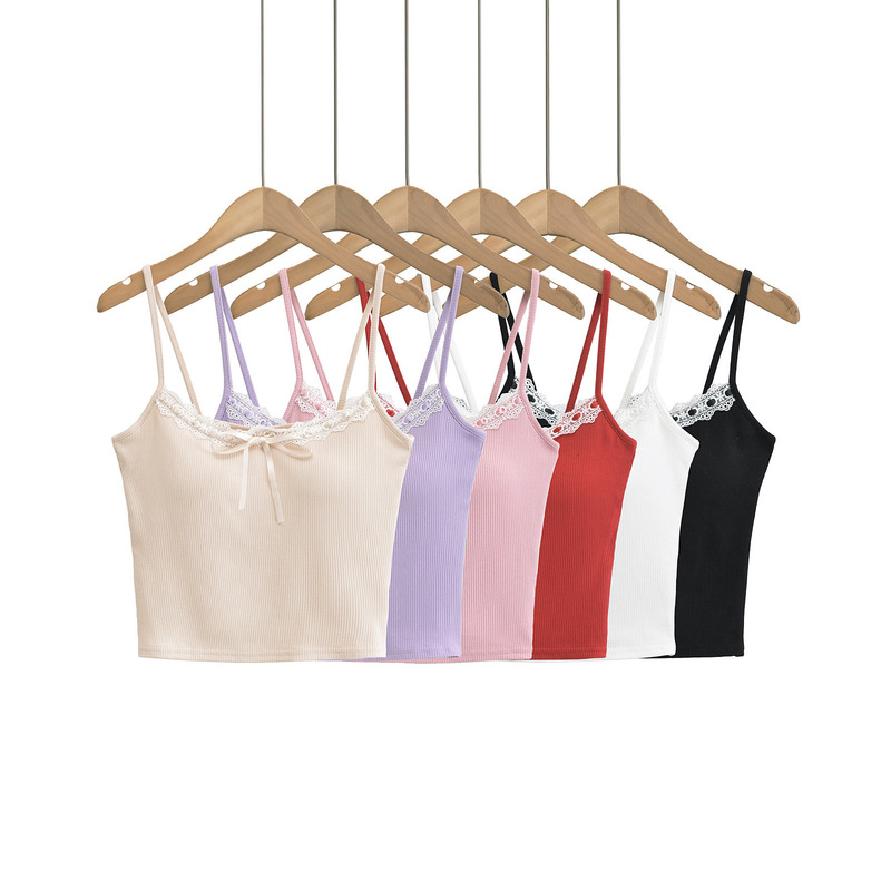 Pure Desire Hot Girl Style Lace Splicing Low-Cut Lace-Up Suspender Women's 2024 Summer Slim Outerwear Short Vest Top