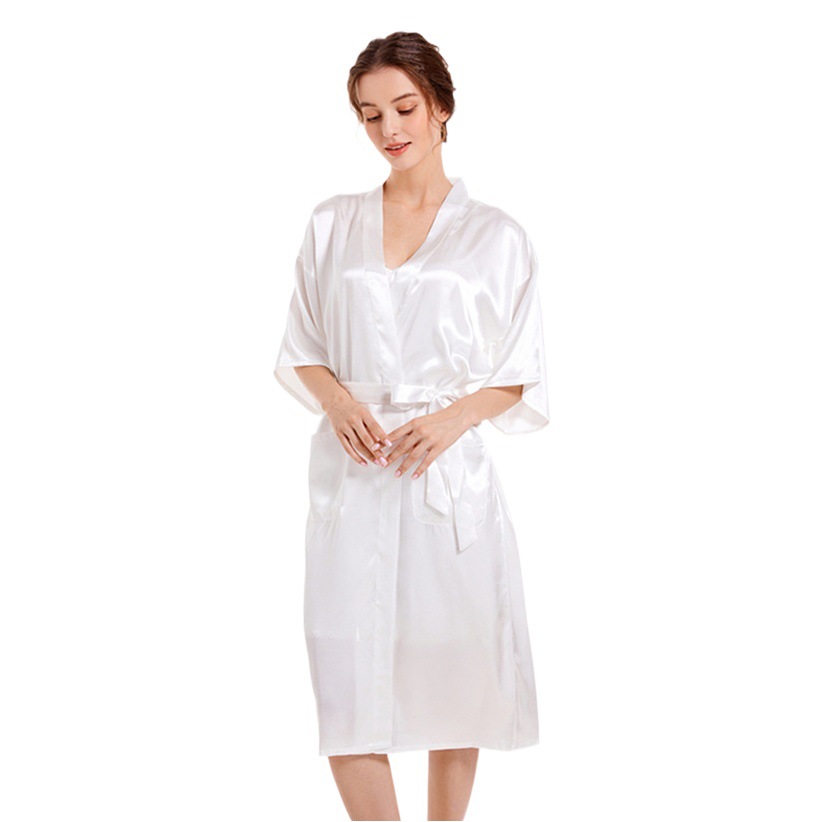 Bata de dormir brillante de color sólido para mujer, cárdigan de satén de longitud media para primavera y otoño, bata matutina para novia y damas de honor, cuello en V al por mayor.