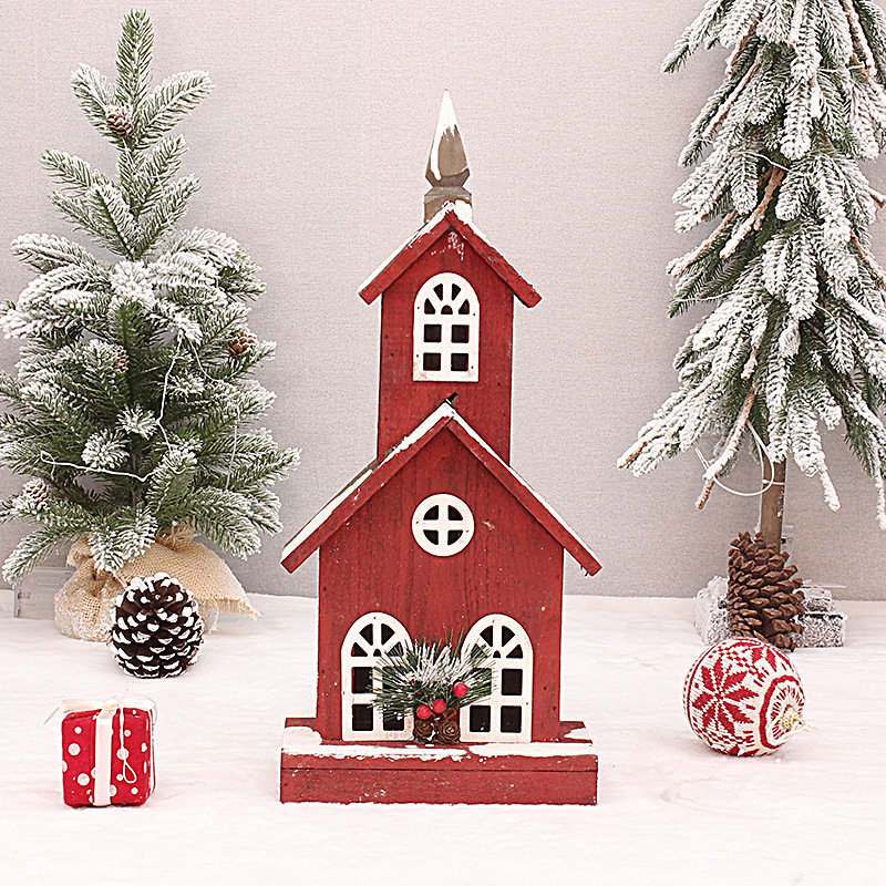 Beleuchtete rote Weihnachtshütte aus Holz – Verschneite Dorfkirche & Hausdekoration für festliche Tisch-, Kaminsims- oder Weihnachtsbaumszenen (4 einzigartige Designs)_voghion.com