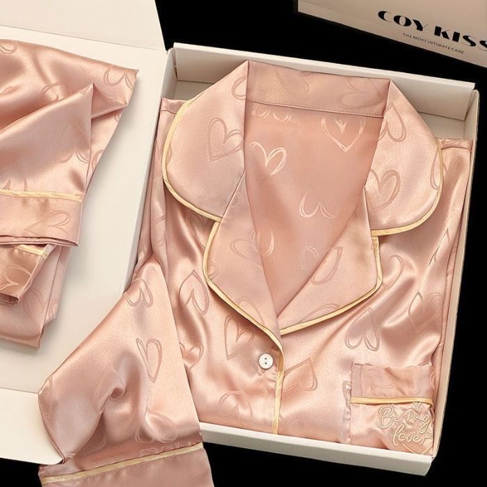 Transfronterizo satén jacquard hielo seda pijama de primavera y otoño mujeres pantalones de manga larga cardigan de alta calidad conjunto de ropa para el hogar