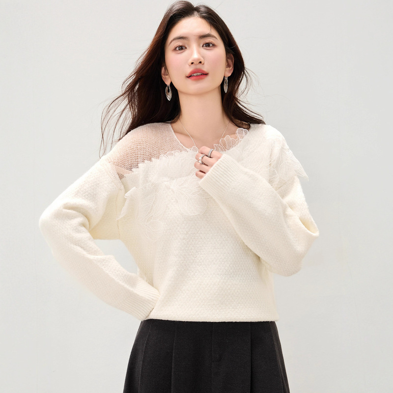 圆领蕾丝花瓣独特漂亮毛衣女款2025新款冬季超好看针织衫宽松上衣|undefined