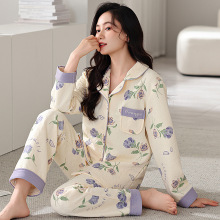 中年妈妈夹层棉睡衣女棉质长袖春秋冬季空气棉家居服加厚保暖套装