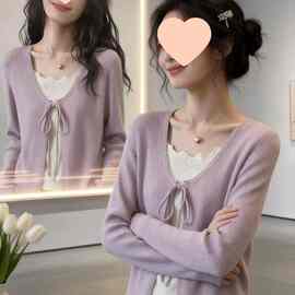 假两件蕾丝花边针织毛衣女2026秋季新款显瘦法式系带蝴蝶结上衣潮