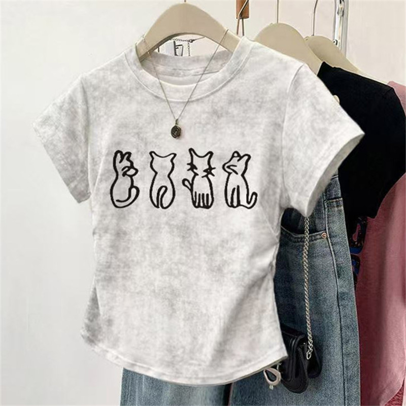 Slim-Fit Slimming Short Top Trendy Ins American-Style Print Shoulder Waist Pleated Tie-Dye Short-Sleeved T-Shirt for Girls in Summer Slim-Fit Slimming Short Top Trendy Ins American-Style Print Shoulder Waist Pleated Tie-Dye Short-Sleeved T-Shirt for Girls in Summer