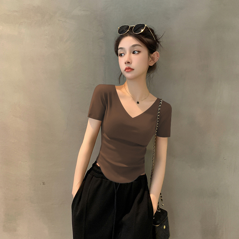 Modal summer brown V-neck short-sleeved T-shirt women's design hem irregular 2024 New mask top fashion