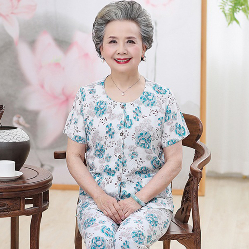 Elderly Women's Summer Cotton Silk Short-Sleeve Pajamas, Grandma's Rayon Thin Summer Plus-Size Loungewear Set
